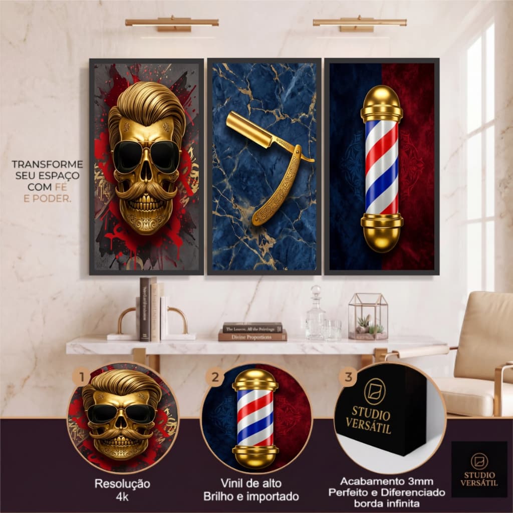 Trio Quadros Decorativos Salão Barbearia Masculino Para Decorar Com Moldura