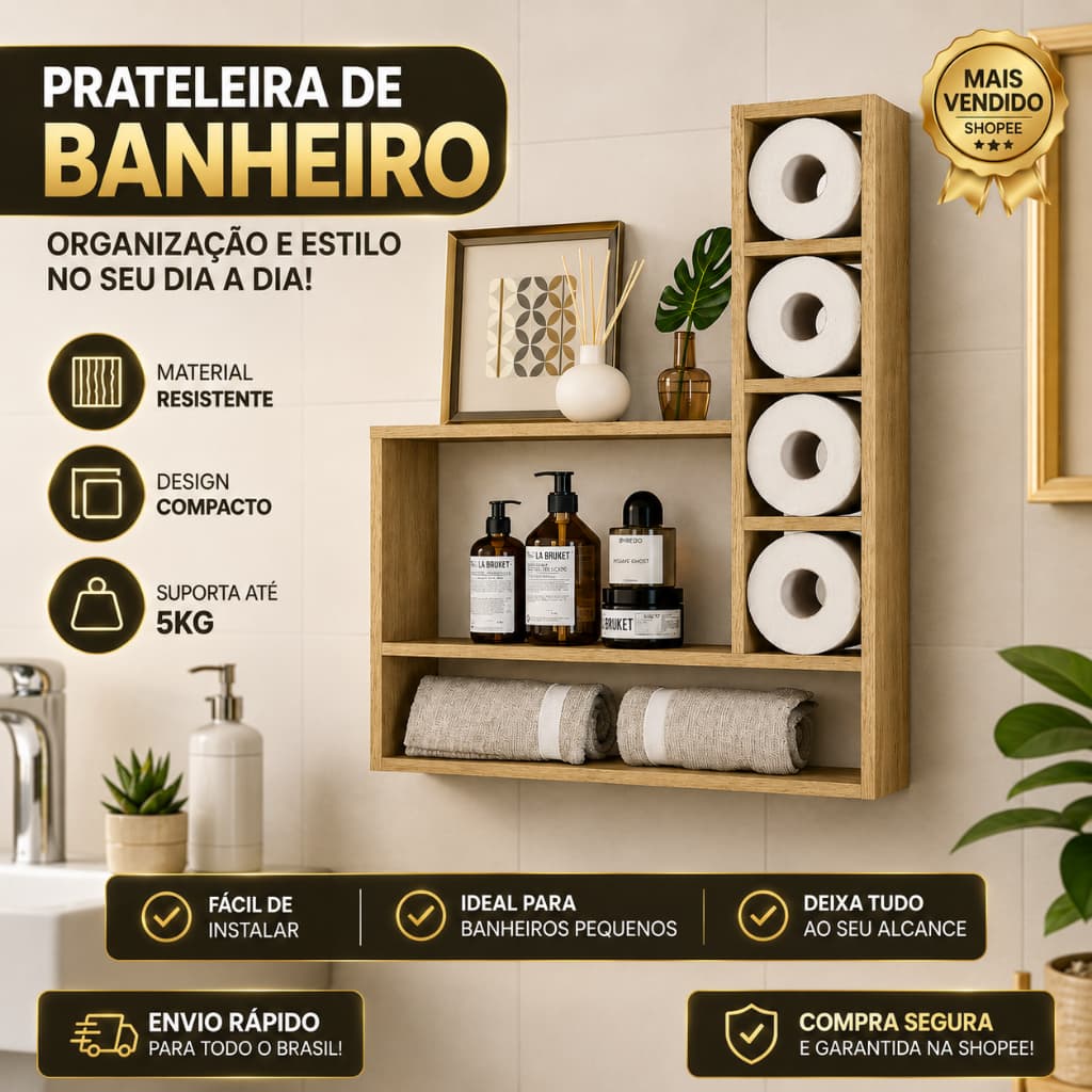 Porta Papel Higiênico Com Nicho Organizador Banheiro Madeira Decorativo Parede Moderno Luxo