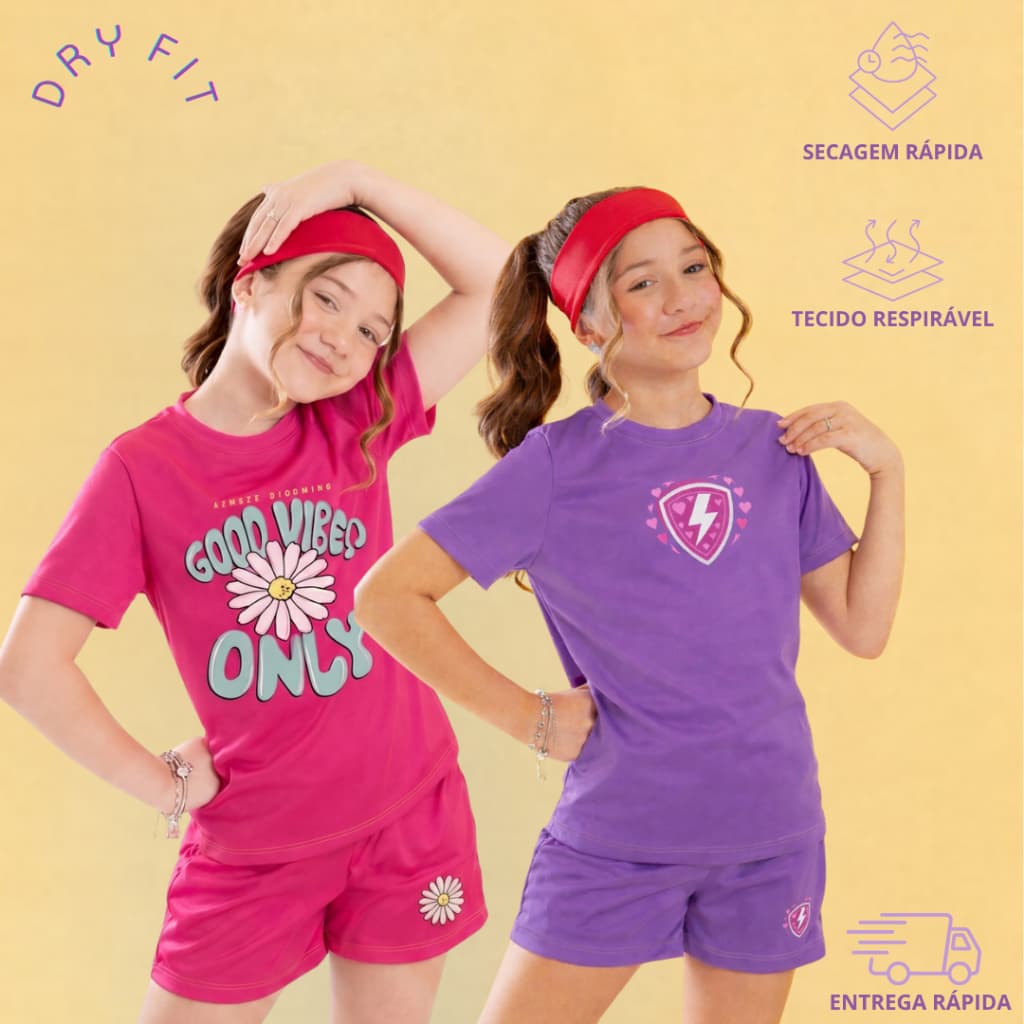 Conjunto Esportivo Dry Fit Infantil e Juvenil Menina - Camiseta + Short - Verão Feminino Fitness Leve Confortável Casual