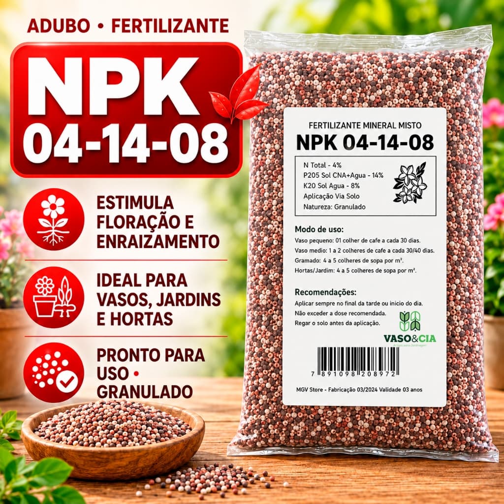 Adubo Fertilizante NPK 04-14-08 para Plantio, Flores e Frutas - 500g, 1kg, 2kg, 5kg