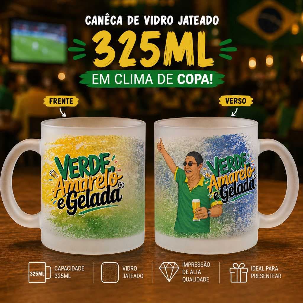 COPA DO MUNDO | Caneca de vidro VERDE AMARELA E GELADA - ZECA - Futebol Brasil Torcedor
