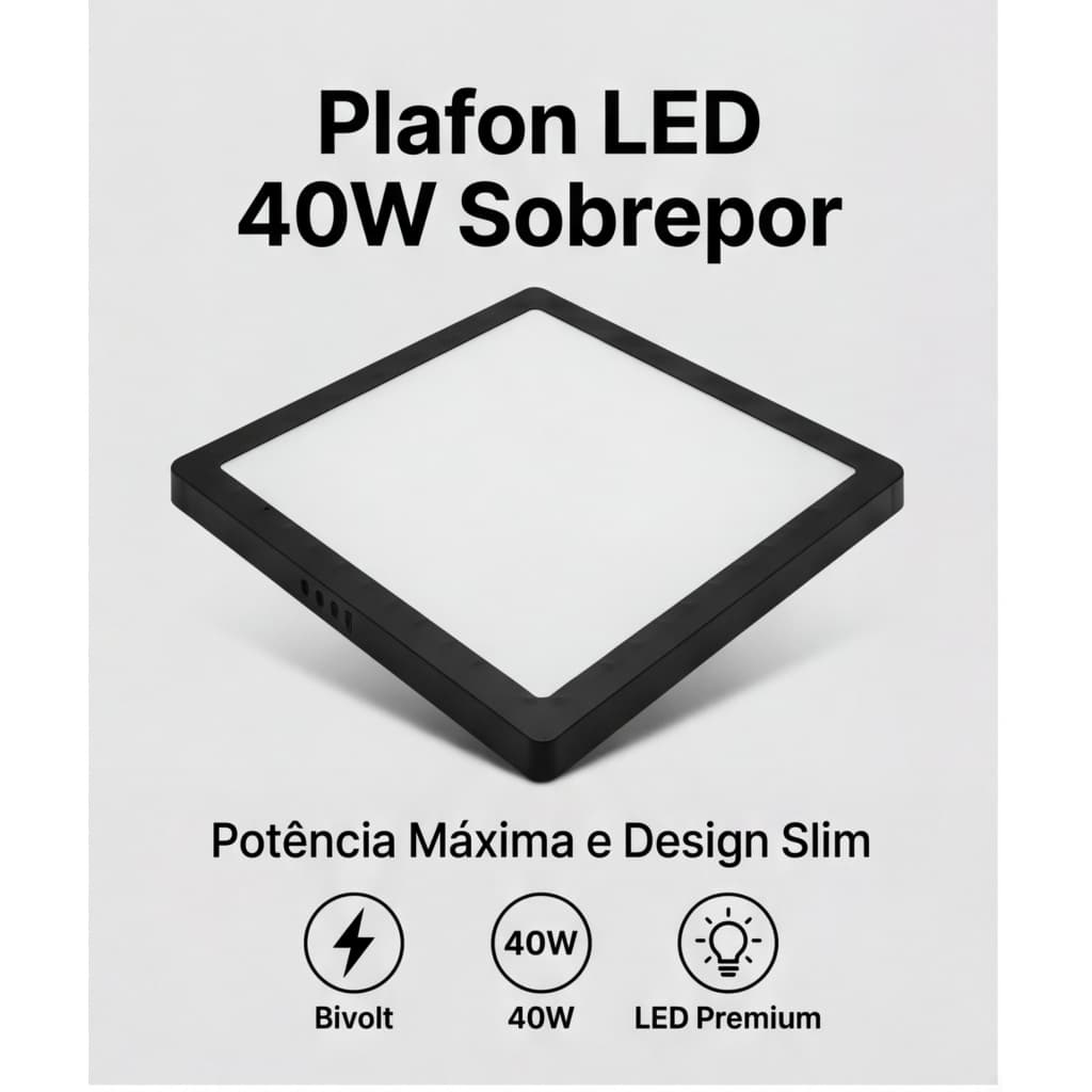 Plafon LED Sobrepor 40W   | Bivolt Quadrado Preto Branco Frio