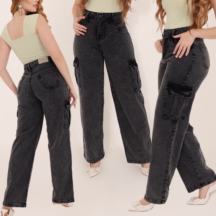 Calça Feminina Wide Leg Cargo Jeans Cintura Alta Com Lycra