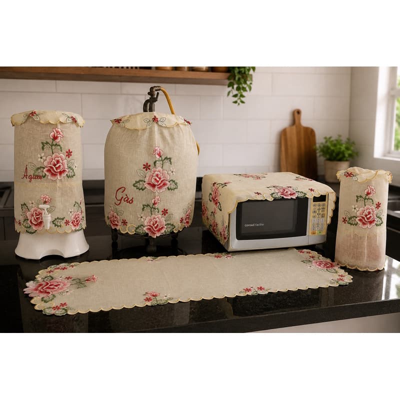 Kit Cozinha Organza Bordado Luxo Decorativo Enxoval Cozinha Envio Imediato