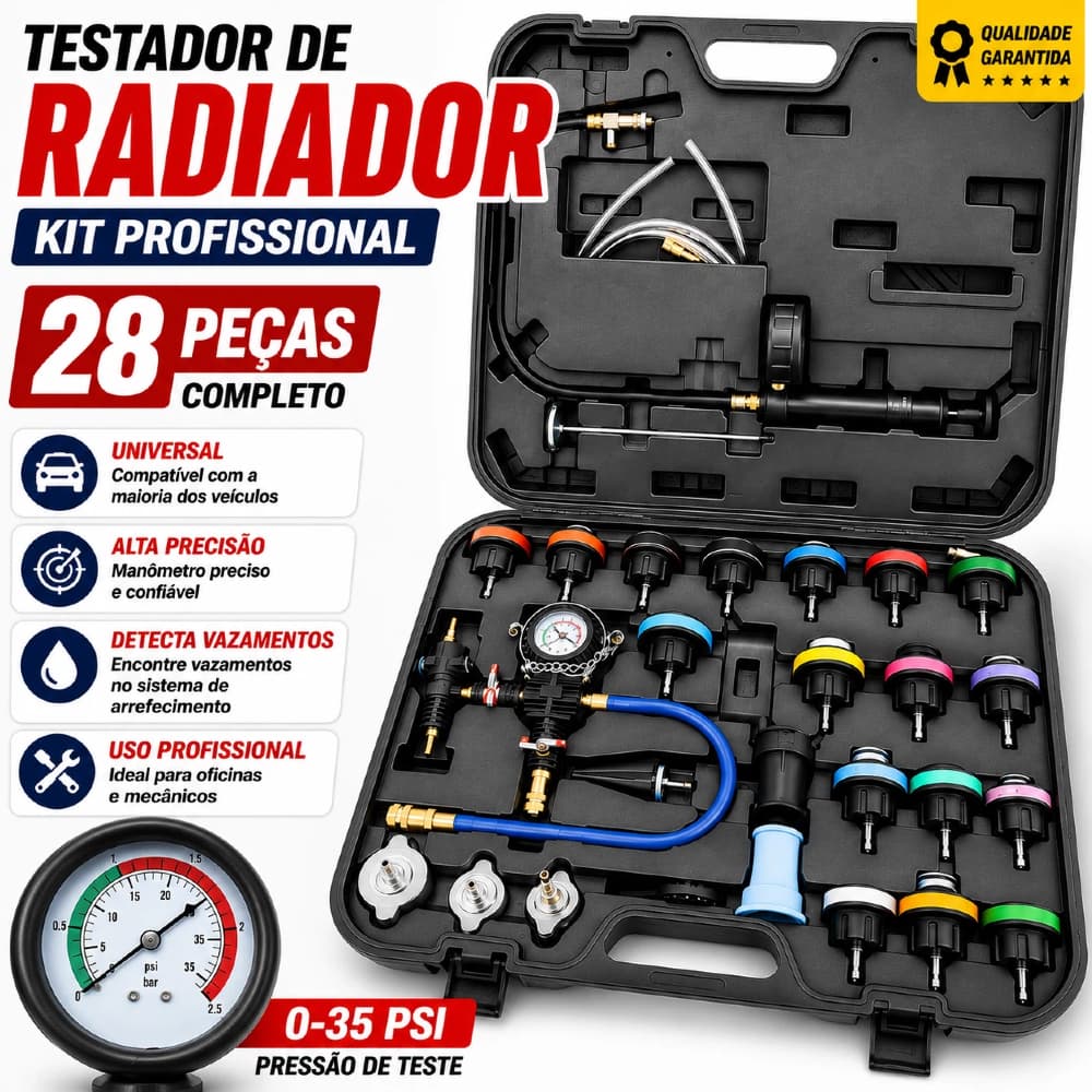 Kit Profissional Teste Pressão Radiador 28/18 Peças Para Sistema Arrefecimento Comum e Selado com Adaptadores Universais