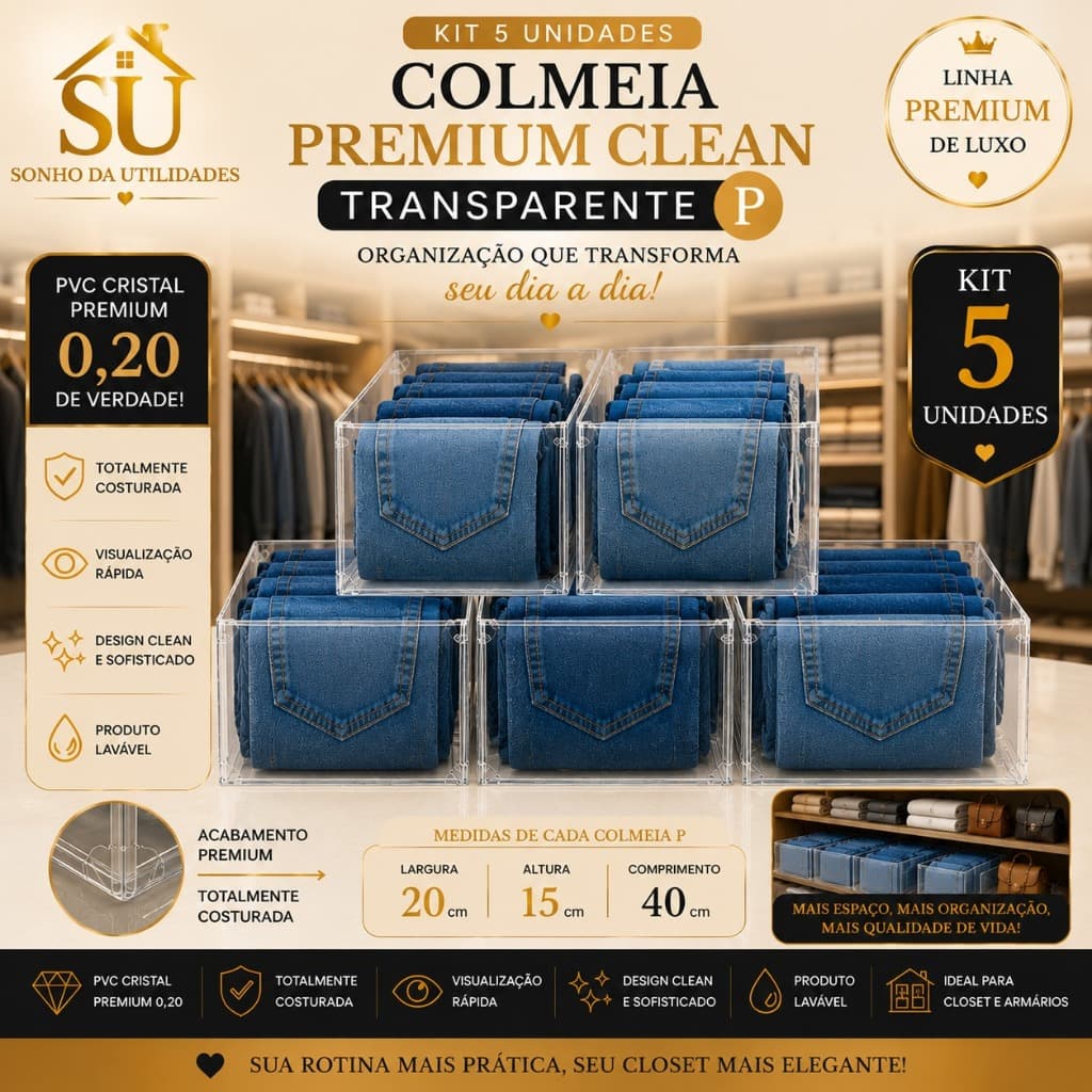 Kit 5 Colmeias Organizadoras Premium Clean Transparente P PVC Cristal 0,20 Costurada para Jeans- SU