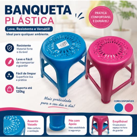 Banquinho Infantil Banco Plástico Reforçado Empilhável Rosa Azul Criança Fofo Banqueta Até 25kg