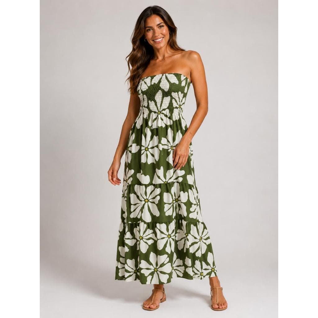 VESTIDO TOMARA QUE CAIA C LASTEX ESTAMPADO LONGO