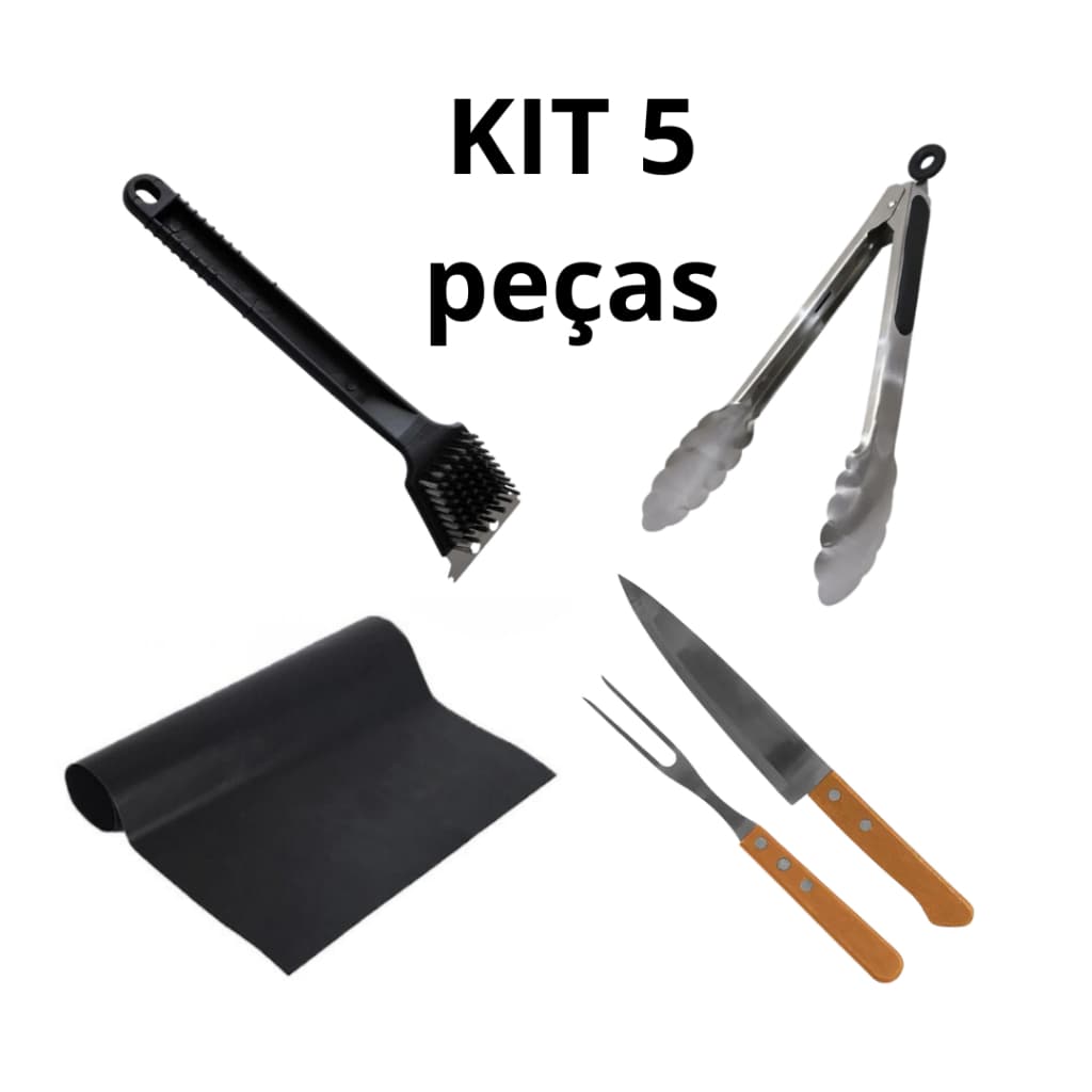 Kit Churrasco Profissional 5 Peças Garfo Faca Pegador Inox Manta Grill e Escova de Aço