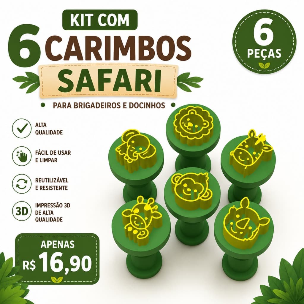 Carimbo para Brigadeiro Safari Kit 6 Peças Animais da Selva