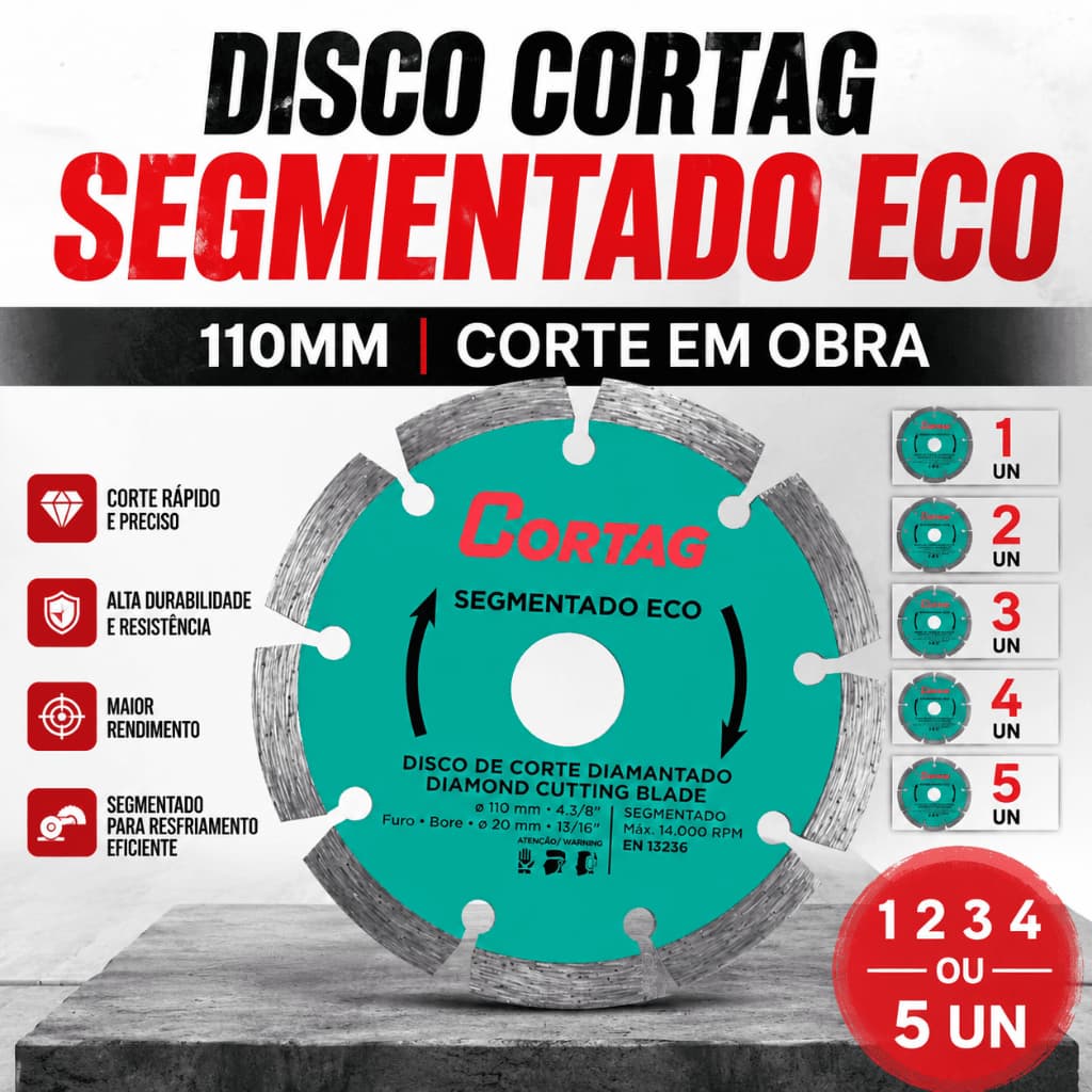 Disco Diamantado Cortag 110mm Segmentado Eco Concreto Alvenaria Bloco Serra Mármore Kit 1 a 5 Unid.