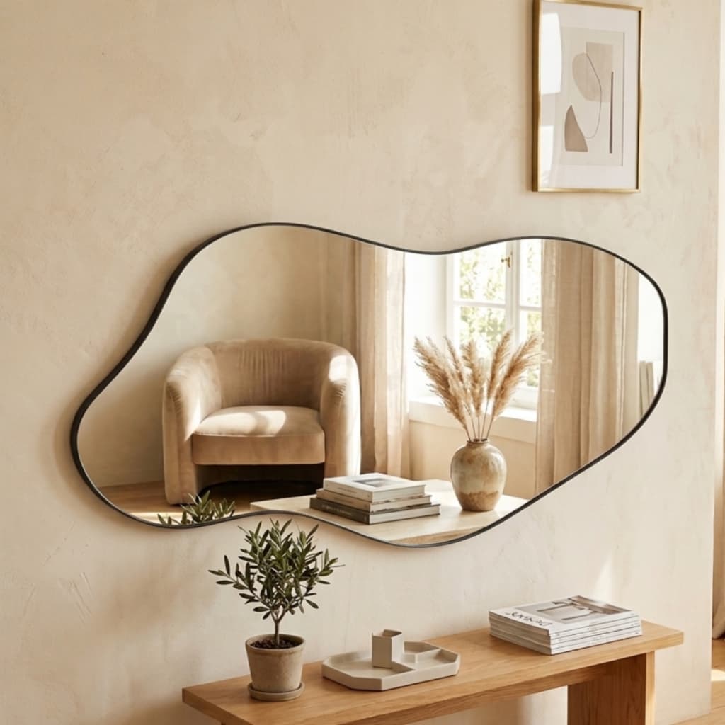 Espelho Orgânico Horizontal 37x90 Moldura Couro Sintético