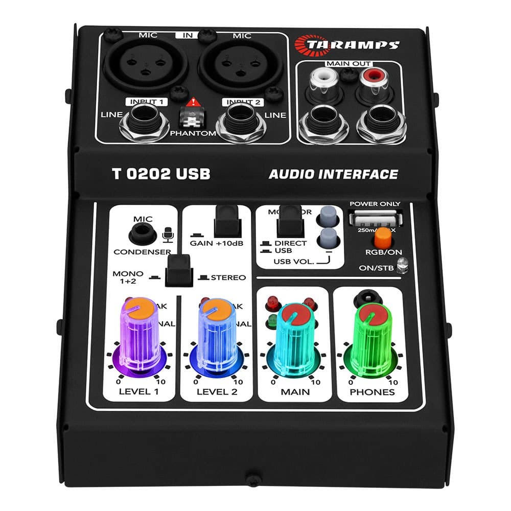 Mesa Som Taramps T0202 Usb Áudio Interface Led Rgb 2 Canais Preto