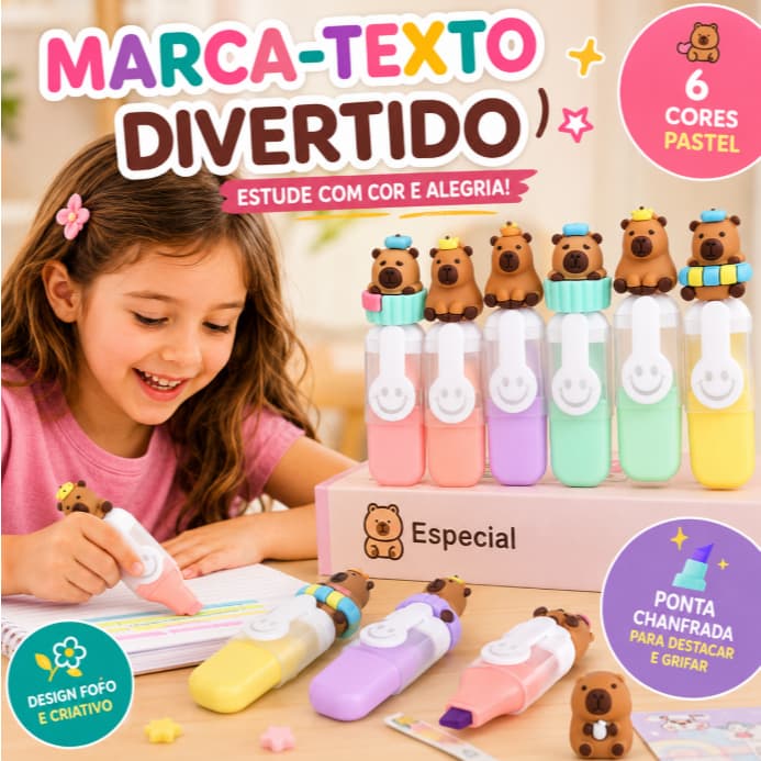 Kit 6 Canetas Marca Texto Coloridas Capivara | Escola e Escritório