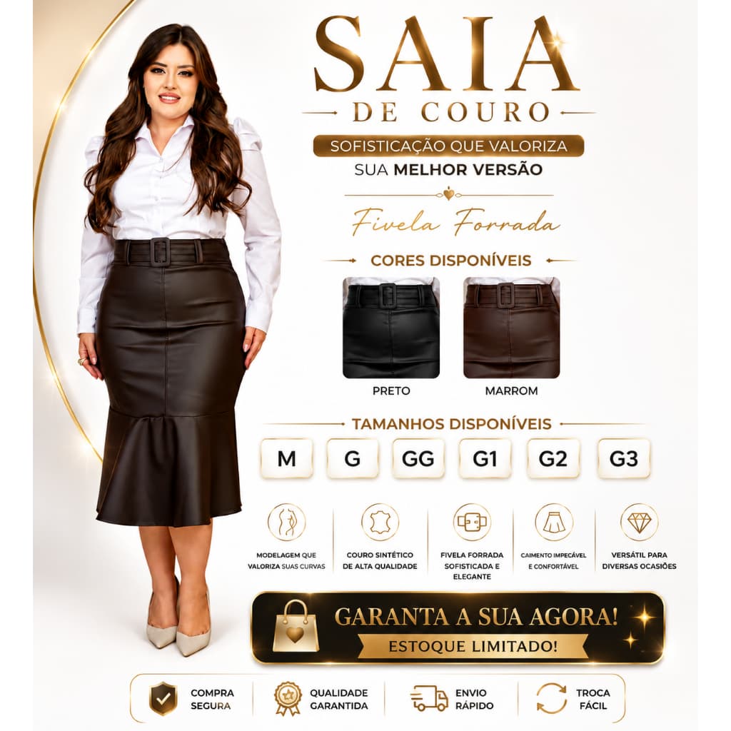 Saia Feminina Midi  Courino Con Fivela Coleção De Inverno  REF 0034