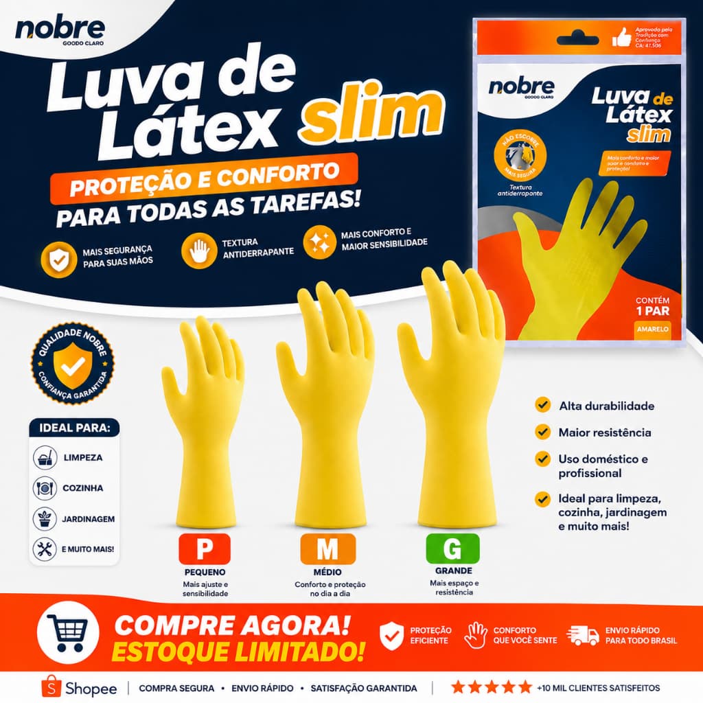 🧤 KIT 5 PARES DE LUVAS DE LÁTEX NOBRE AMARELA – PROTEÇÃO QUÍMICA, IMPERMEÁVEL E REUTILIZÁVEL | TAMANHOS P, M OU G.