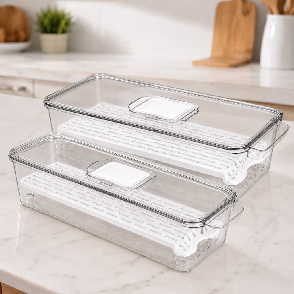 Kit 2 Organizadores Geladeira Transparente Tampa com Tampa, Respirador e Divisor