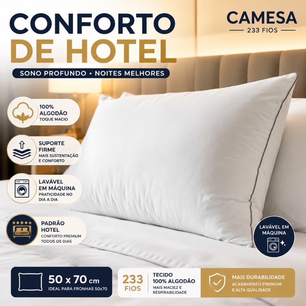 Travesseiro Padrão Hotel 50x70cm 233 Fios Lavável em Maquina de lavar Roupa Experiência Hotel