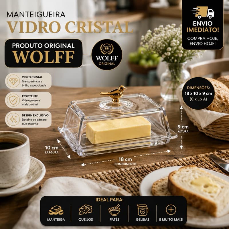 Mantegueira Retangular Vidro Wolff Passaro Dourado Tampa Vidro Cristal Golden Bird 18x10x9cm Wolff