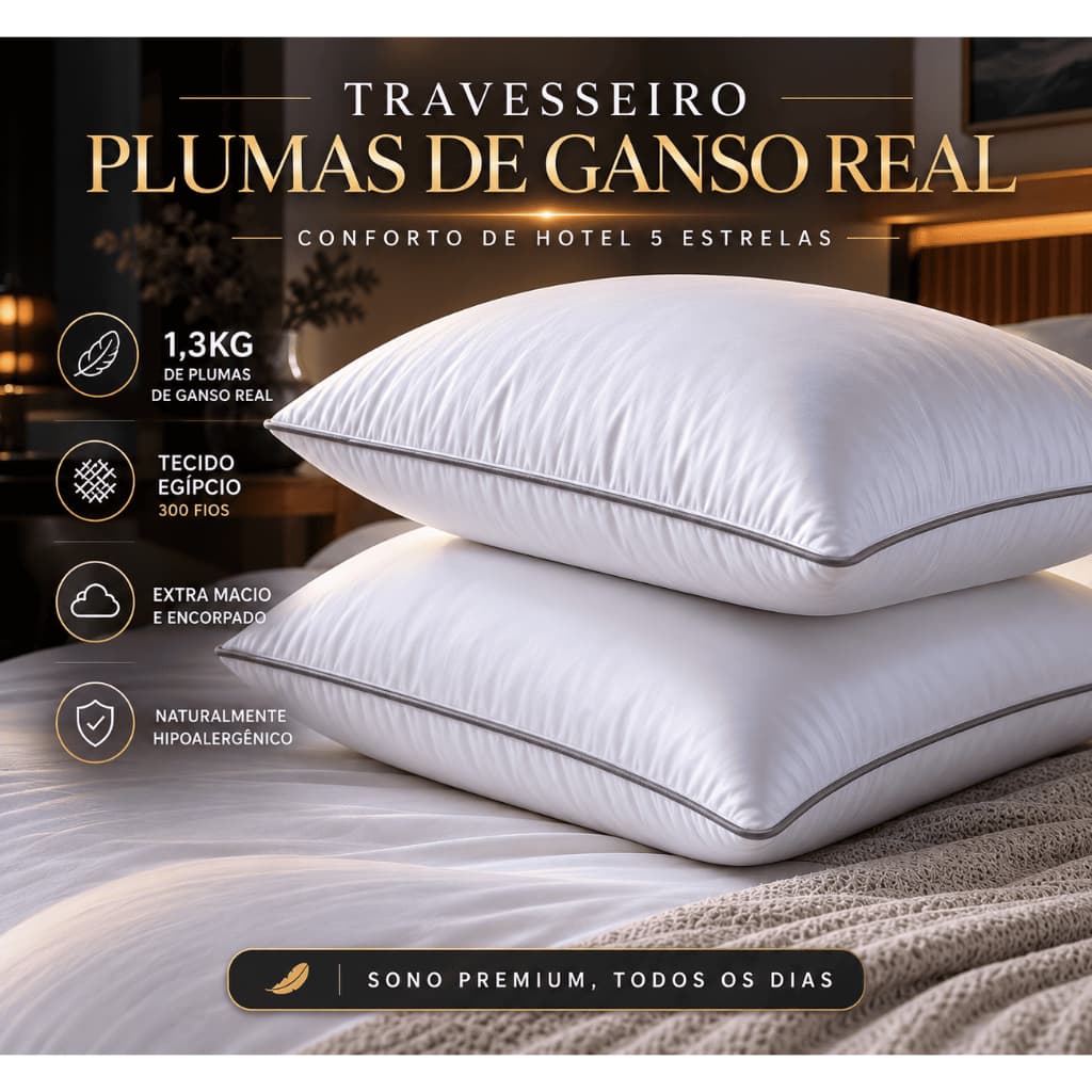 Kit Travesseiro Premium Alto Luxo 1,3Kg Plumas de Ganso Real 70x50