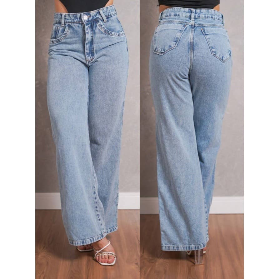 Calça Jeans Feminina Wide Leg Pantalona Cintura Alta Marmorizada Sem Lycra Boca Larga Premium