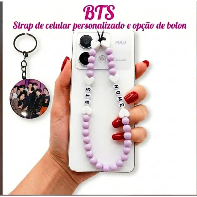 Strap de Celular BTS Personalizado com Botton | Cordão Ajustável Universal Antiqueda Kpop💜