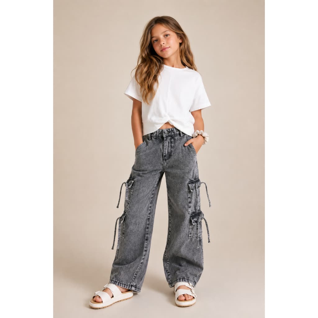 Calça Cargo Infantil Menina Bolso Lateral Ajustável Calça Larga Moda Tendência 10 a 16 Anos -3 Cores