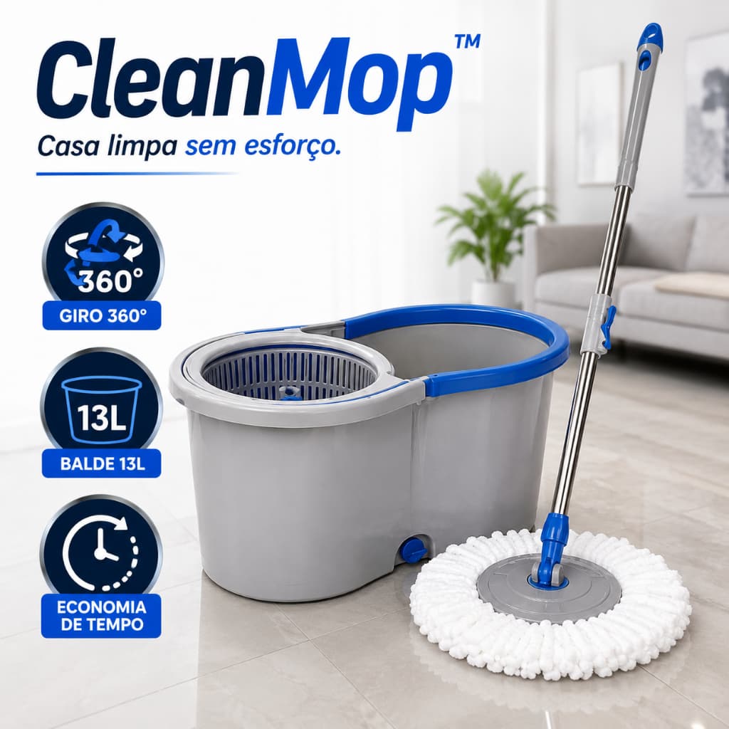 Mop Giratório 360° Com Balde 13 Litros Limpeza Fácil Esfregão Centrifuga CleanMop