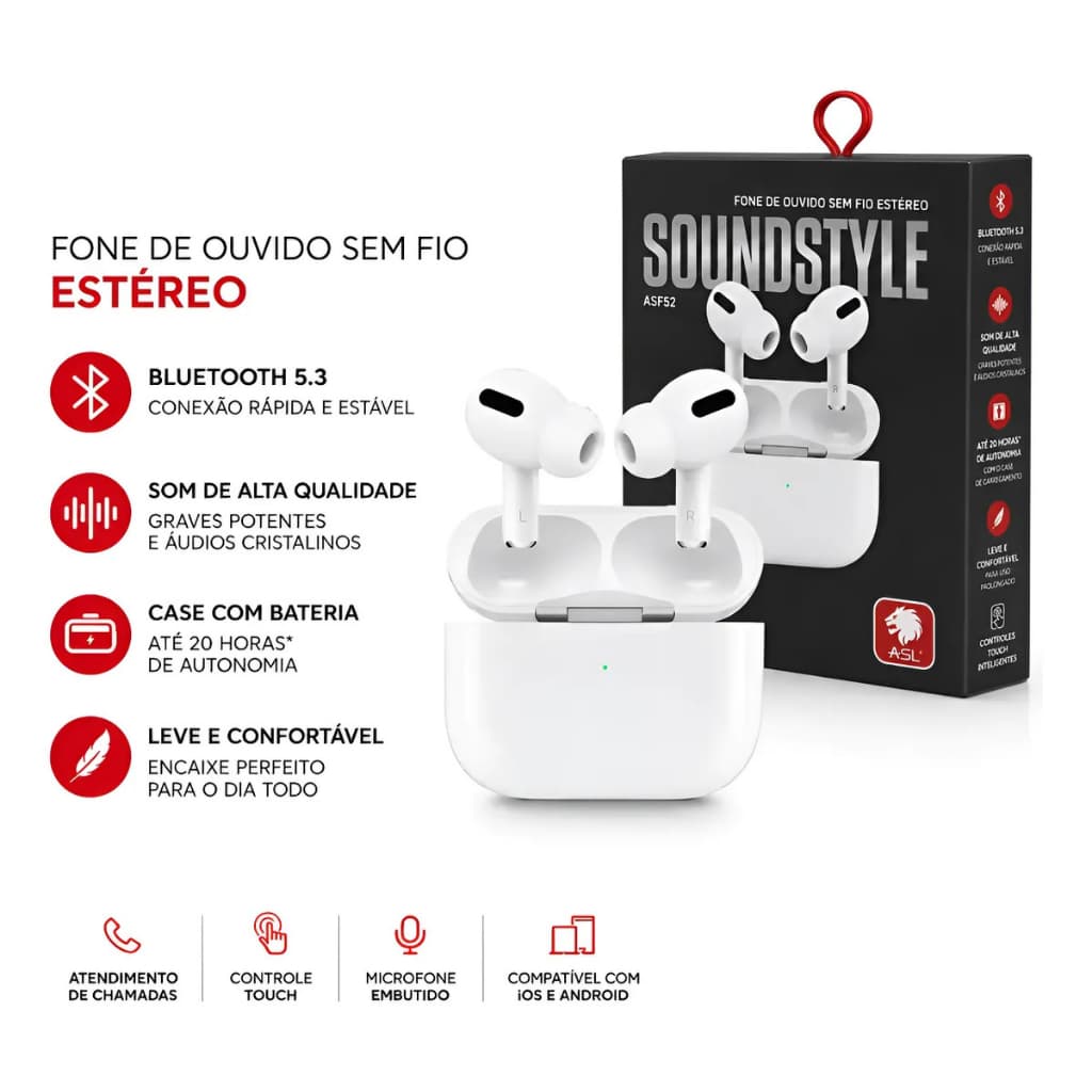 Fone Bluetooth ASL TWS Premium Estéreo com Bass