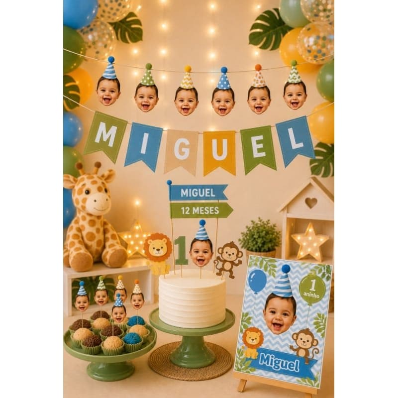 Kit Só Um Bolinho Safari Menino com Foto | Topo de Bolo, Varal e Quadrinho Personalizados