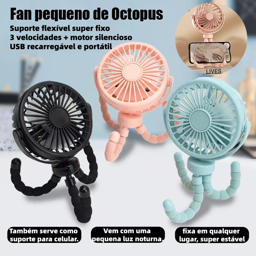 Ventilador portátil em formato de polvo, silencioso, dobrável, alimentado por USB, ideal para mesa, quarto e viagens