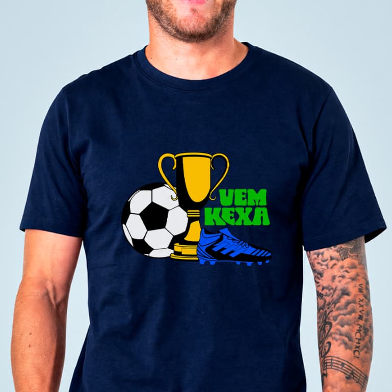 Camiseta VEM HEXA Copa do Mundo Algodão Unissex Futebol Taça Bola Chuteira Troféu Esporte Brasil
