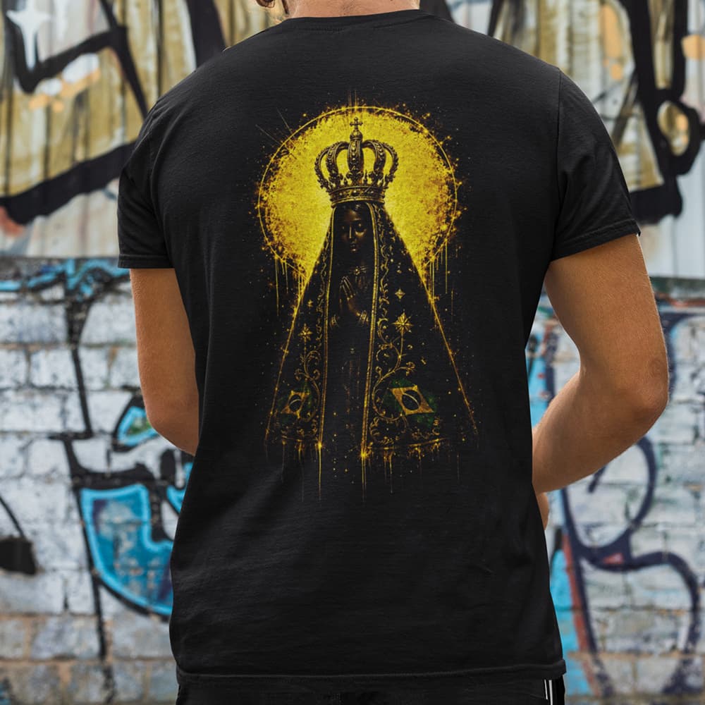 Camiseta Nossa Senhora Aparecida Preta Cruz Dourada Frente Costas Religiosa Fé Brasil