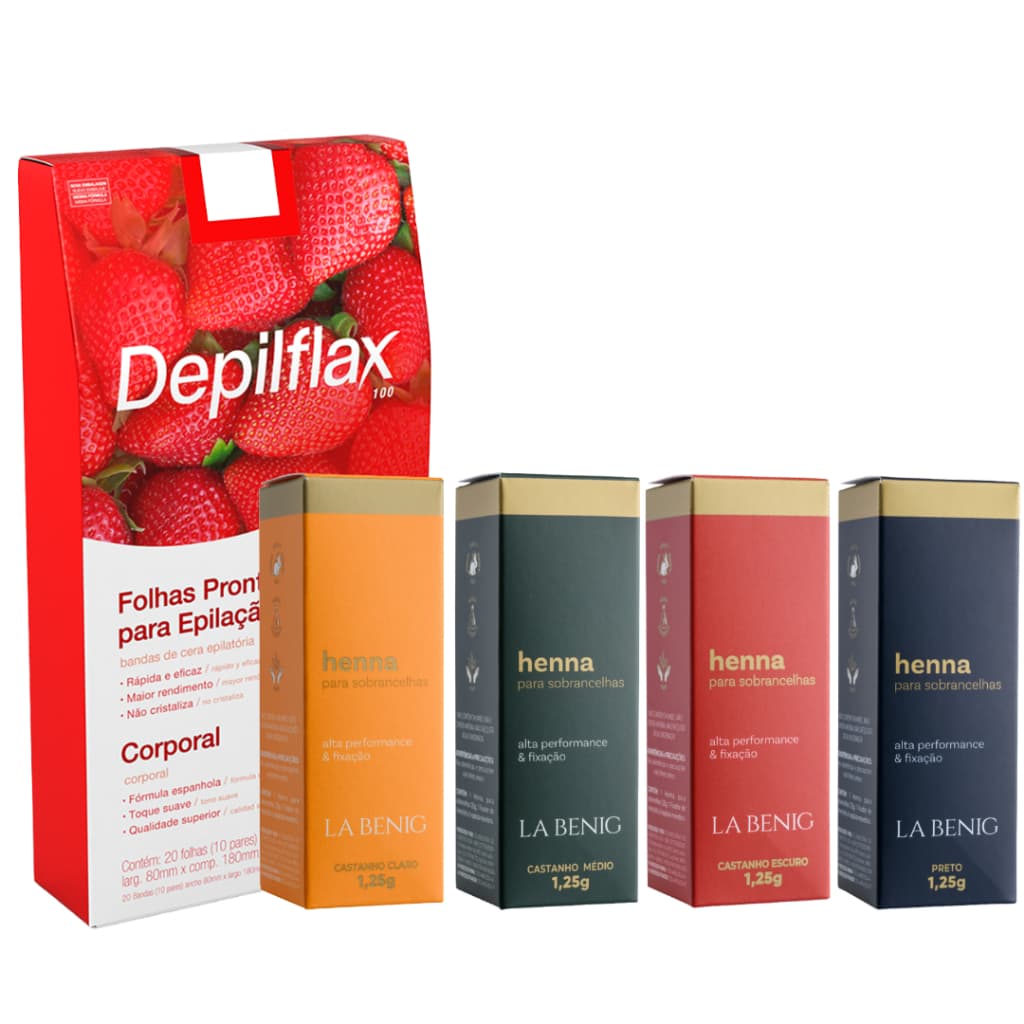 HENNA LA BENIG E CERA DEPILFLAX COMBO 2 OU 3 HENNAS SOBRANCELHAS COR INTENSA PROFISSIONAL PROMOCAO