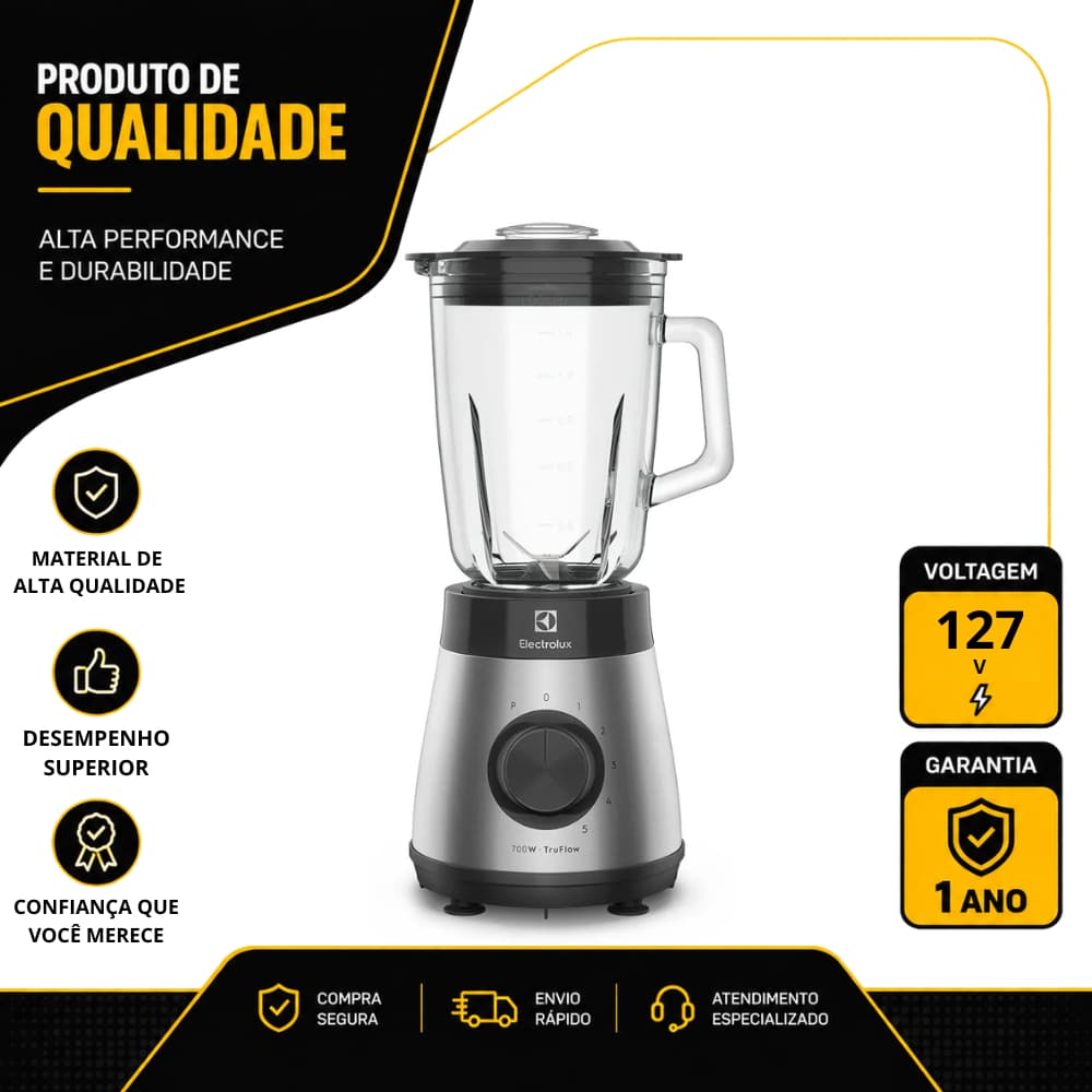 LIQUIDIFICADOR ELECTROLUX C/ COPO DE VIDRO E TECNOLOGIA TRUFLOW EXPERIENCE 700W 127V EBS30
