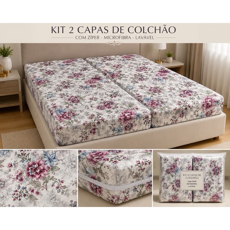 Kit 2 Capa Colchão Solteiro Floral Elegante Com Zíper Microfibra Macia Lavável Antiácaro Proteção Completa para Colchão