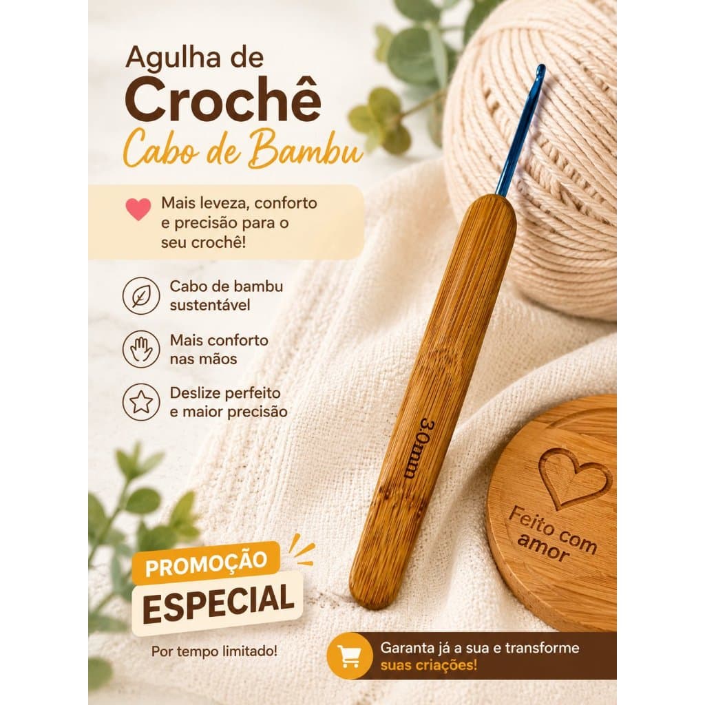 Agulha de Crochê Cabo de Bambu Ergonômica Leve Confortável Profissional Promoção