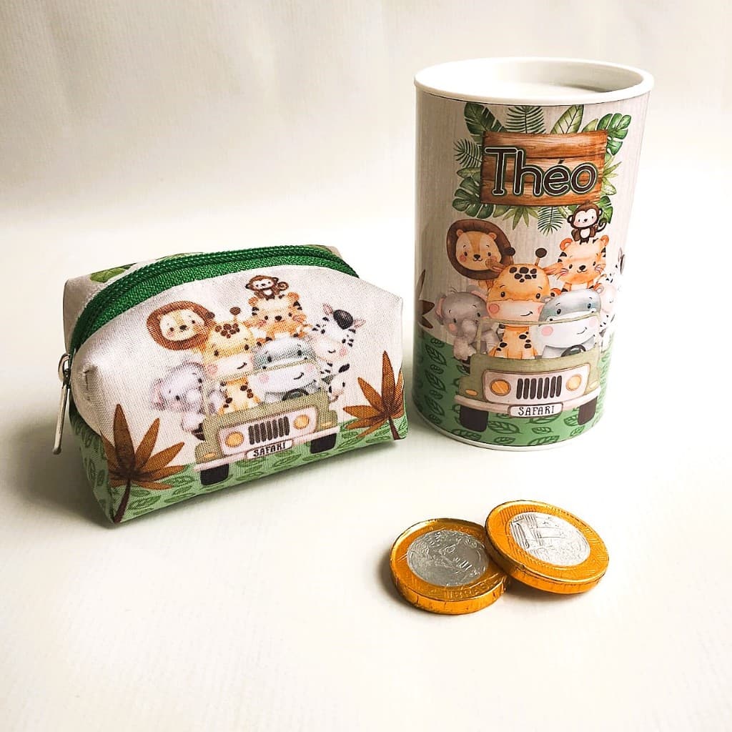 Kit Lembrancinha Safari Personalizada Cofrinho e Porta Moeda Infantil Festa Aniversário