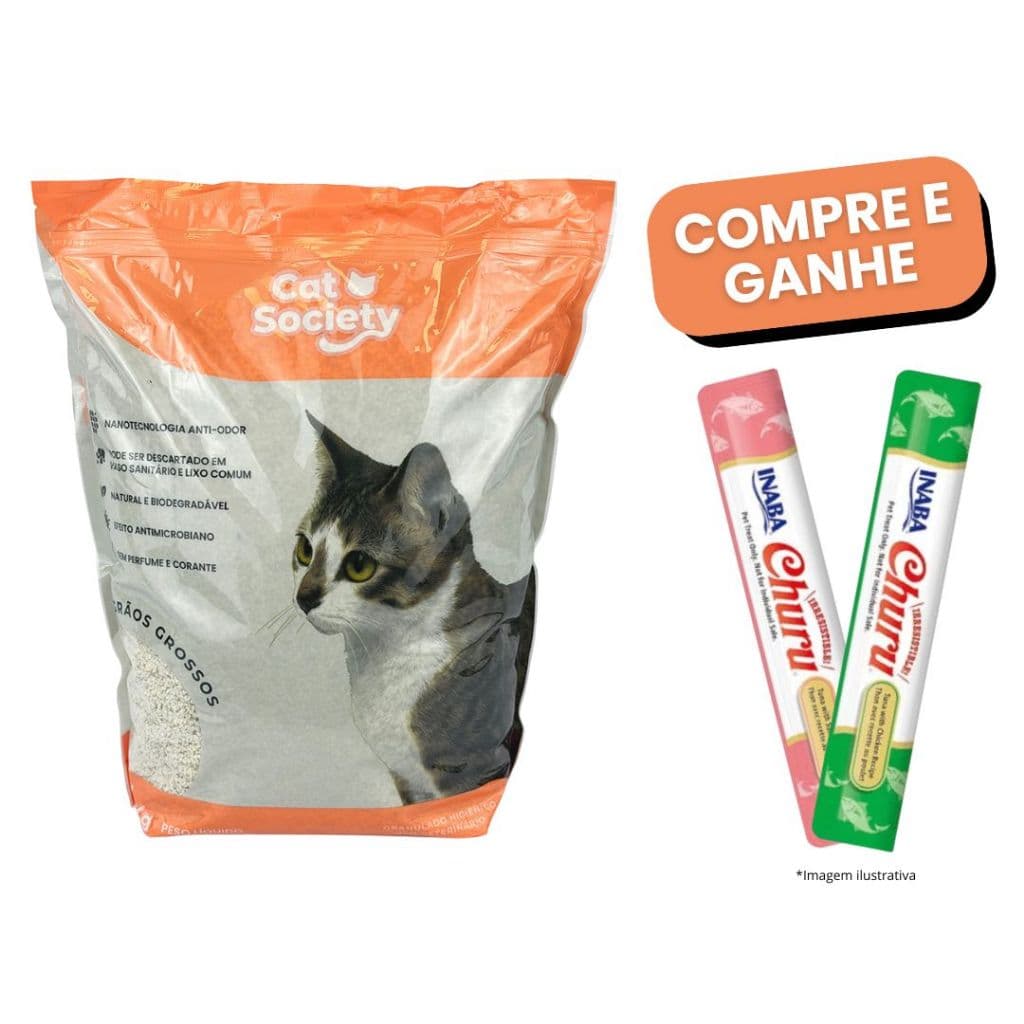 Areia Biodegradável Gatos Roedores Cat Society Com Grãos Grossos Pacote 4kg com Churu Sortido