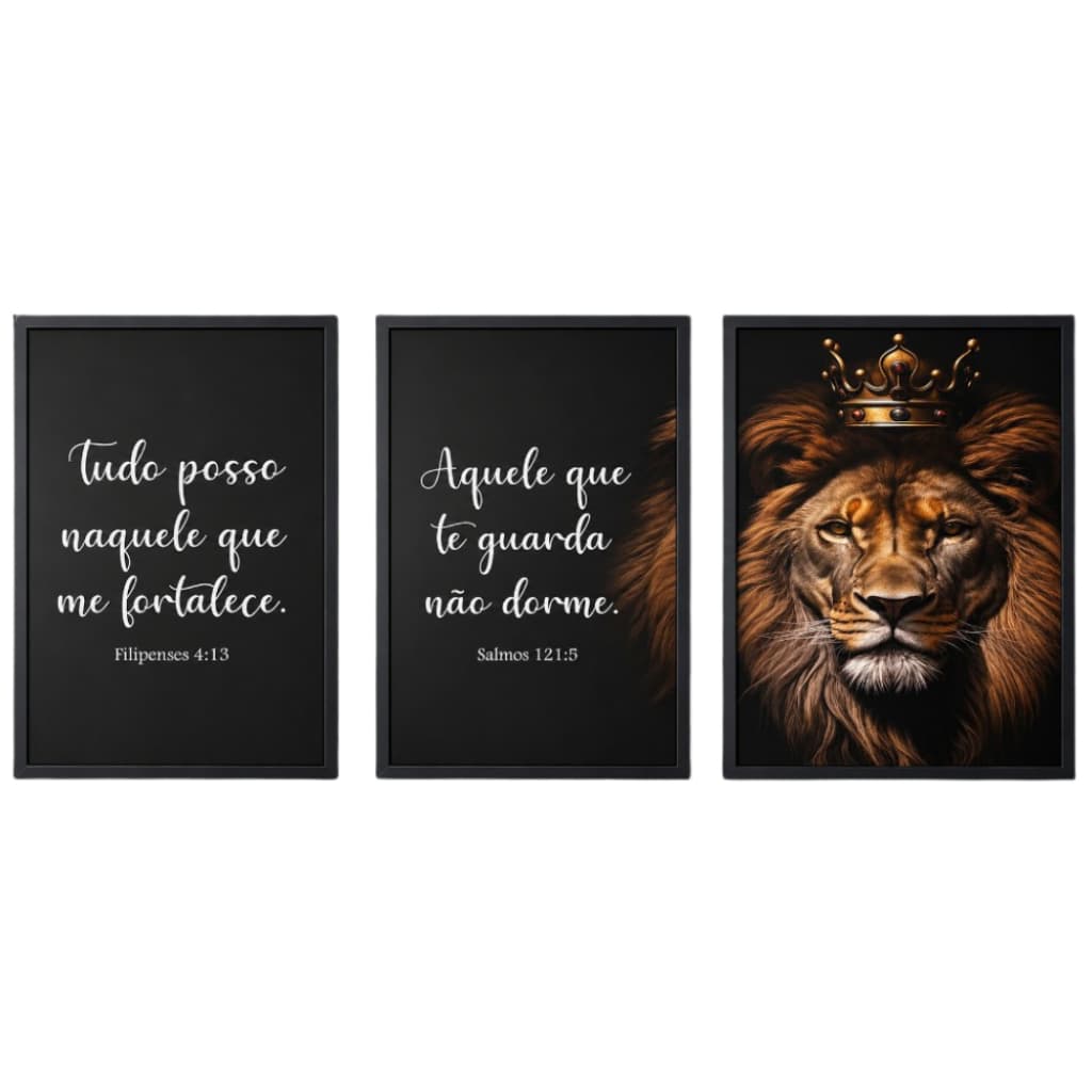 Quadro Decorativo Trio Leão de Judá e Frases Bíblicas Moderno com Moldura Decoração Sala Escritório
