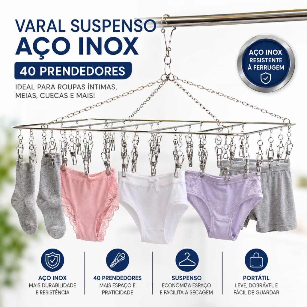 Varal Suspenso de Aço Inox Com 40 Prendedores Área Externa ou Interna Multiuso Alta Durabilidade