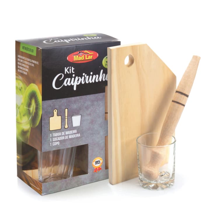 Kit Caipirinha Presente Copo de Vidro Socador de Madeira Tábua de Corte Drink Bar Completo