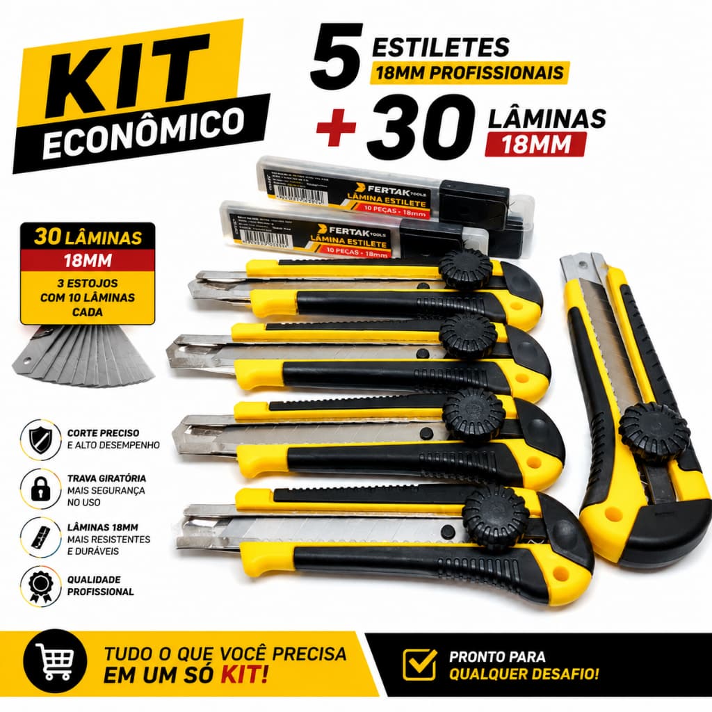 Kit Estilete 18 Mm 5 Unidades + 30 Unidades De Lâmina 18mm