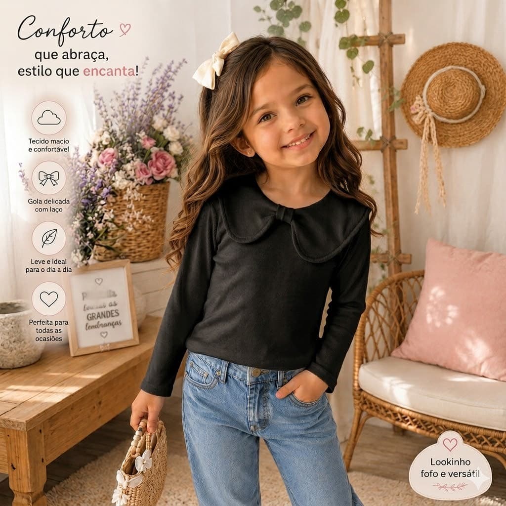 Blusa Infantil Menina Gola Boneca Com Laço Manga Longa Roupa Feminina Casual Elegante Blusa Inverno Quentinho