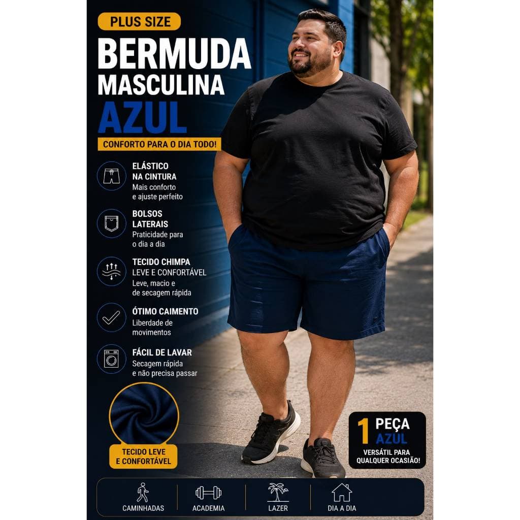 Bermuda Plus Size Masculina Azul G7 ao G10 Com Bolso Elástico