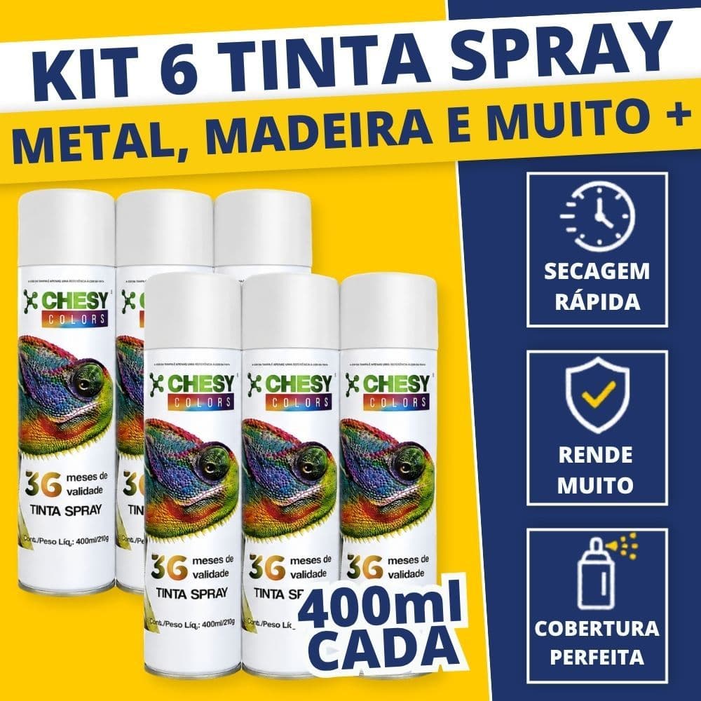 Kit 6 Tinta Spray Uso Geral Tinta Spray Branco Brilhante 400ml Madeira Metal Plástico Seca Rápido