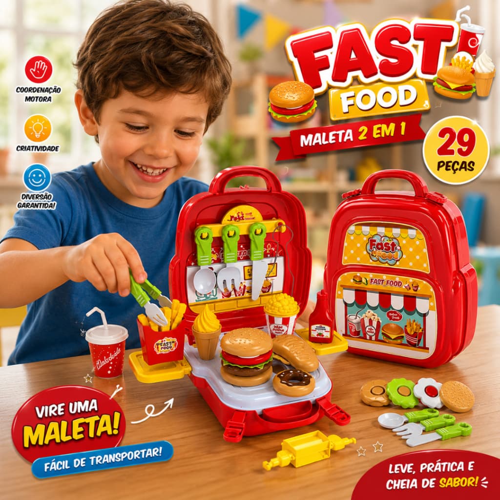 Maleta Fast Food Infantil 3 Em 1 Didática Fast Brinquedo Pedagógico De Cozinha Lanchonete Criança