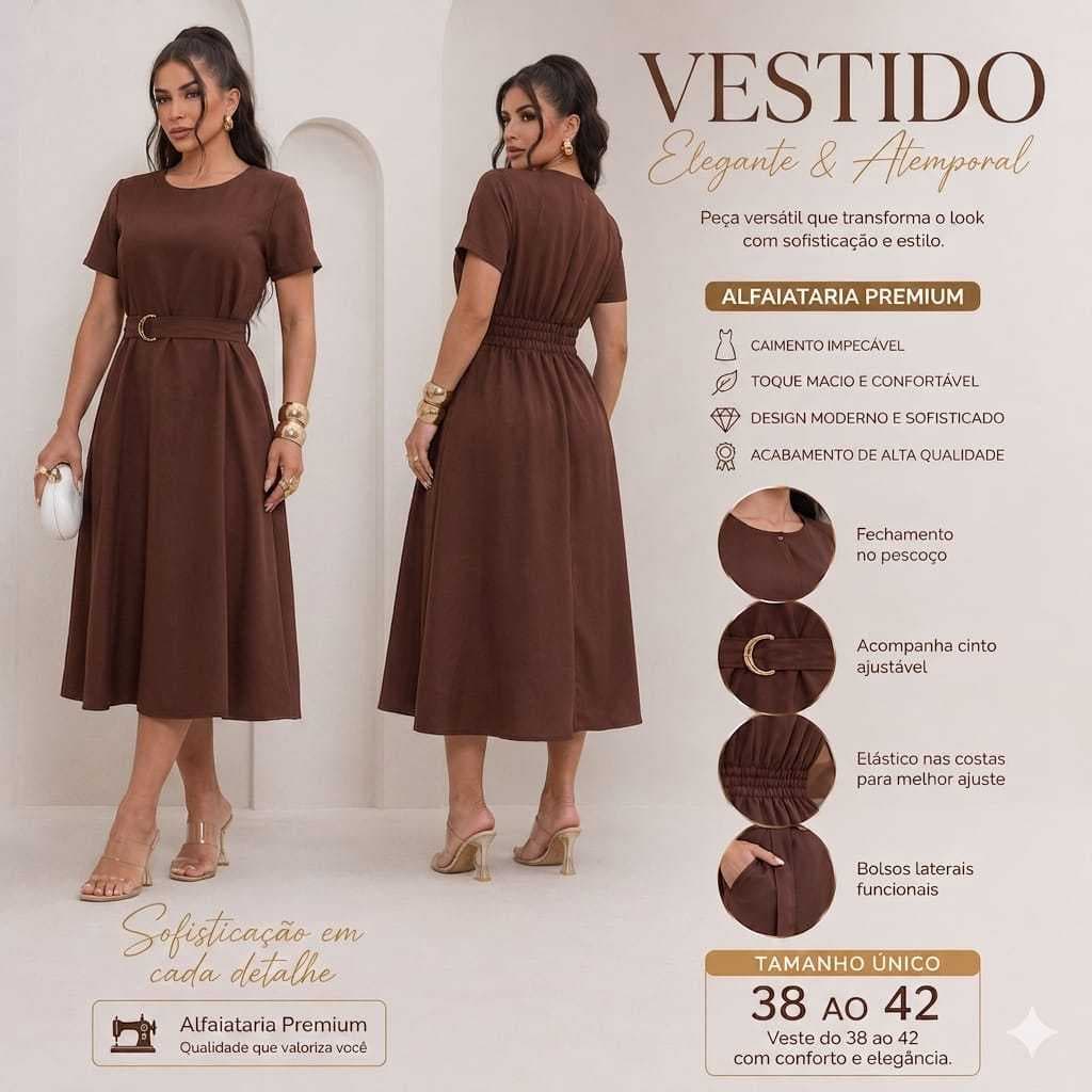 Vestido Feminino elegante com cinto elastex nas costas