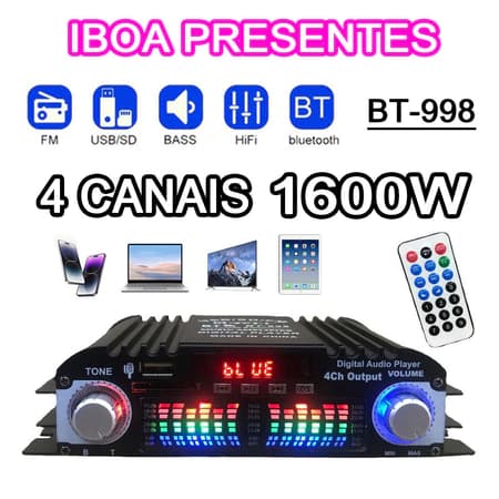 Amplificador De Som Digital Wi-Fi , 12V , 1600W , 4 Canais , Áudio , Rádio FM , Bluetooth 5.0 , Karaokê , Suporte Para C