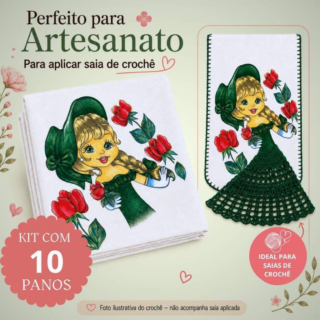 Kit 10 Pano de Prato Boneca Artesã Nina 100% Algodão Premium Estampa Linda 70X45 Cozinha